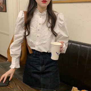 Áo sơ mi bèo cổ cao, tay dài pha ren sang chảnh babydoll loại 1 quảng châu , áo sơ mi bèo cổ cao, tay dài pha ren ulzang