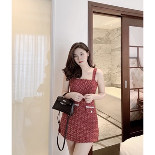 Set dạ đỏ váy 2 dây kèm khoác