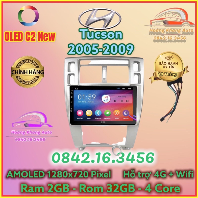 Màn hình Android OLED C2 New theo xe Tucson 2005 - 2009, 10 inch Kèm dưỡng và jack nguồn zin theo xe