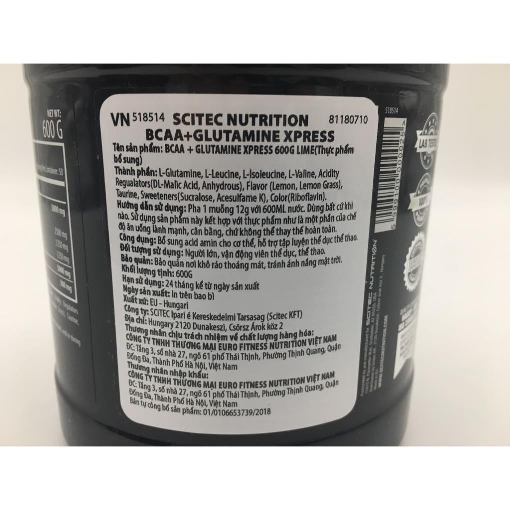 [Free Ship + Quà] Chống dị hóa và phục hồi cơ bắp Scitec Nutrition-Bcaa Glutamine Express 600g TPBS