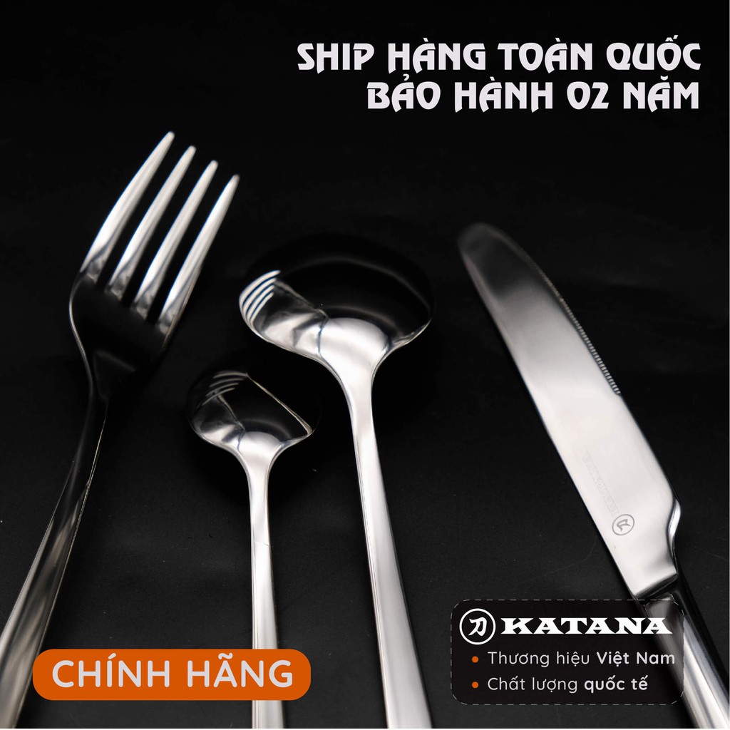 Set 4 món dao, thìa, dĩa bàn ăn KATANA INOX 304 vân trơn sáng bóng cao cấp, sang trọng - KATA100