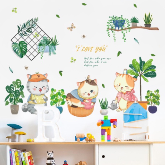 Decal trang trí tường - Những chậu cây xanh và 3 chú mèo