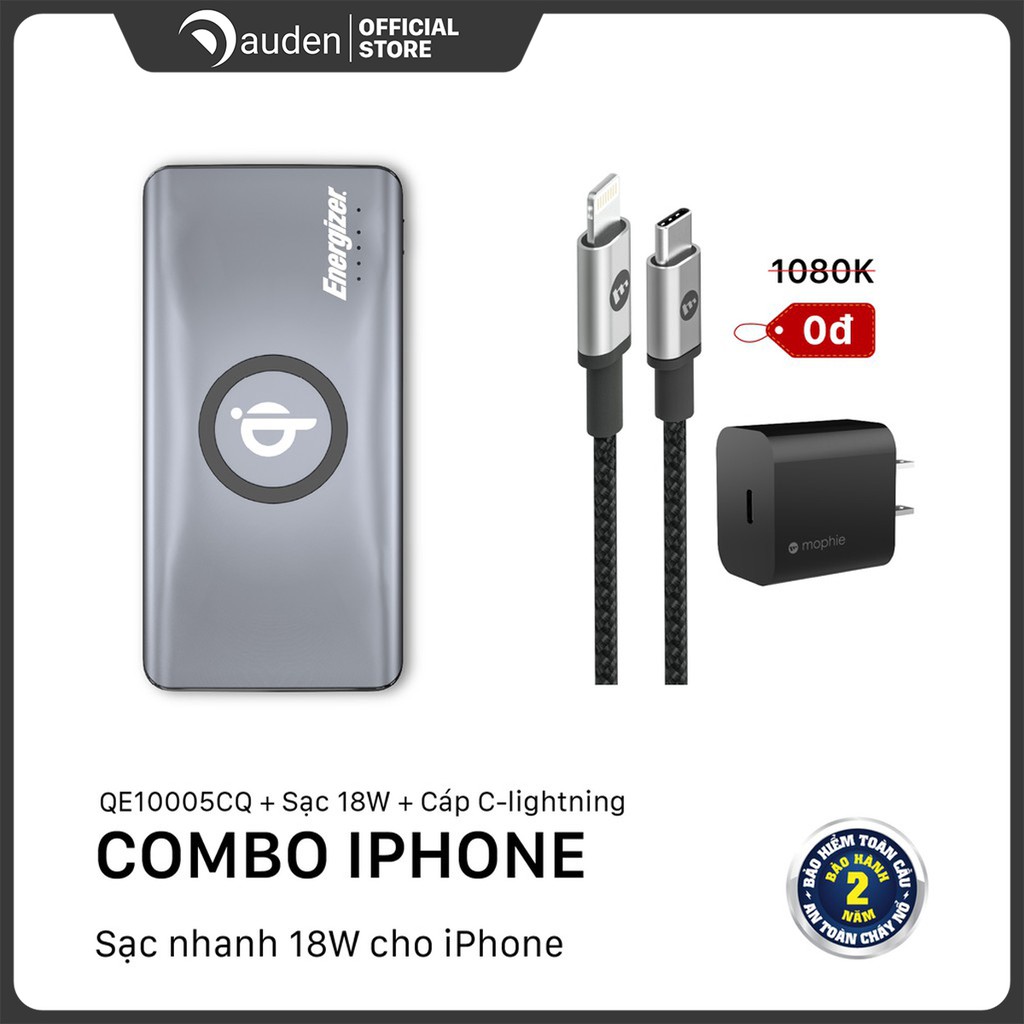 Combo Sạc dự phòng Energizer 10,000mAh QE10005CQ - Sạc Mophie 18w kèm Cáp C to Lightnin