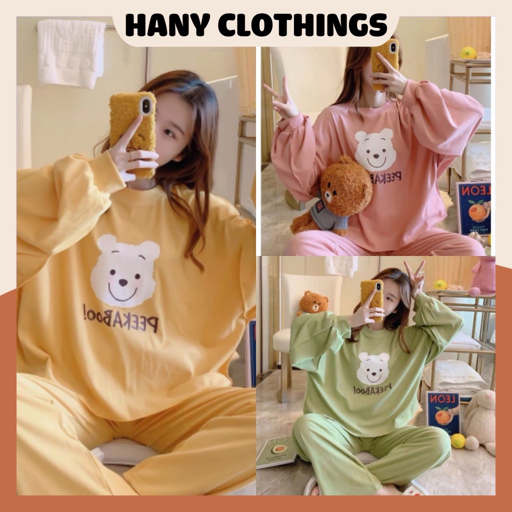 Đồ ngủ nữ dài tay mùa đông in hình gấu PEEKABOO0 cute bộ nỉ nữ HANY CLOTHINGS X090 màu VÀNG/HỒNG/XANH
