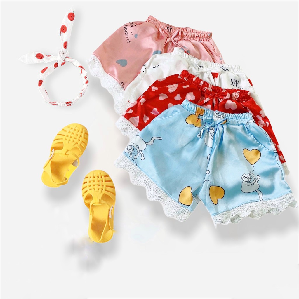 Set Quần Áo Mặc Nhà Trẻ Em Bộ Đồ Ngủ Pijama Cho Bé Gái Cộc Tay Lụa Satin Hình Tim Phối Viền Ren - Babi mama BN22