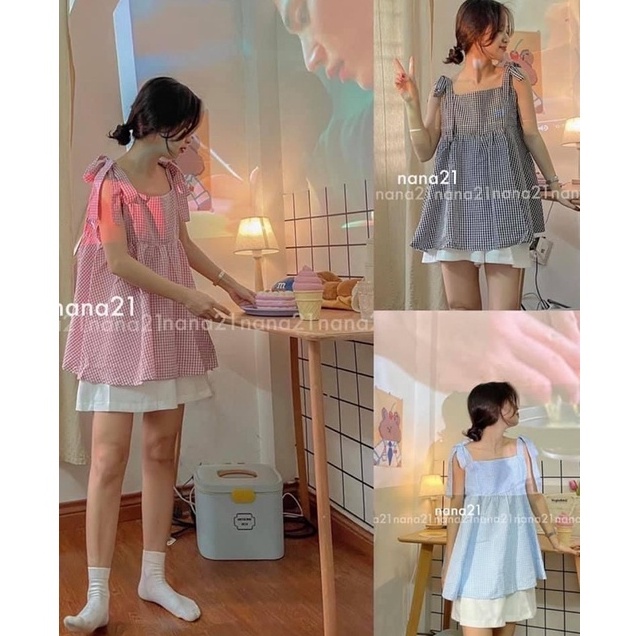Sét đồ ulzzang Áo baby doll kẻ caro hai dây buộc nơ kèm quần shorts đùi đủ màu siêu đẹp Free size