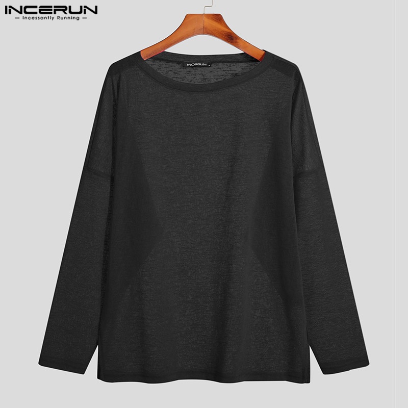 Áo thun INCERUN tay dài cổ tròn phối lưới xuyên thấu 3 màu sắc tùy chọn cho nam