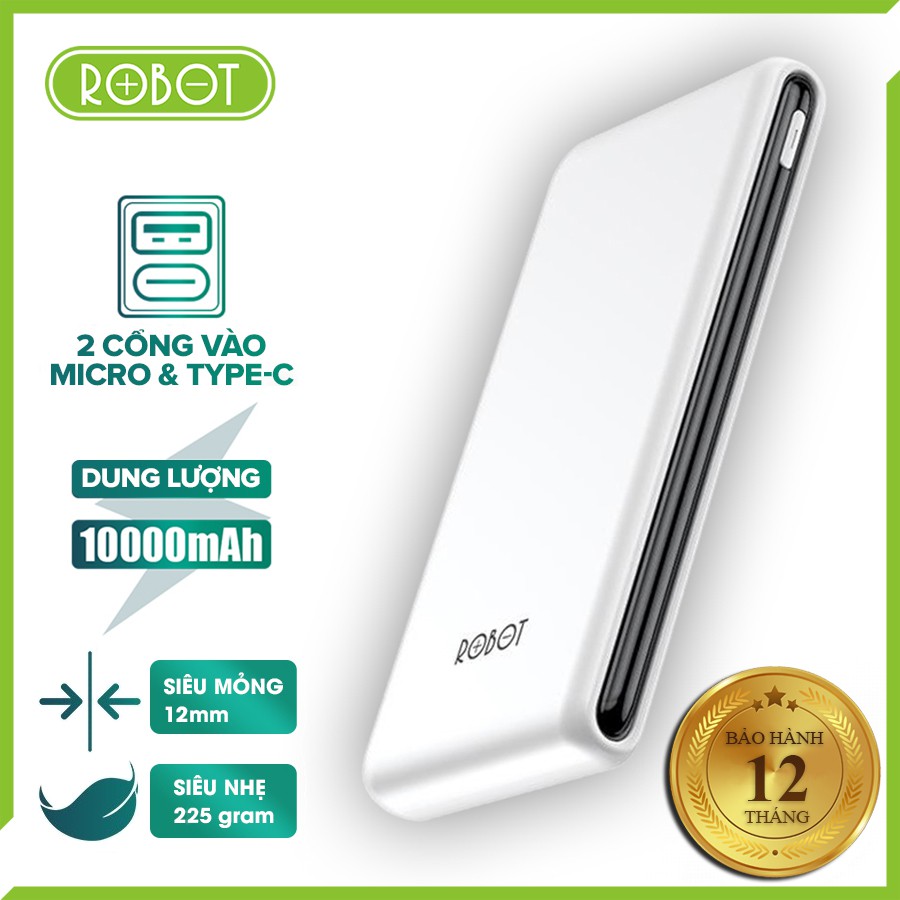 Pin Sạc Dự Phòng 10000mAh ROBOT RT180 1 Output USB &amp; 2 Input Micro/Type-C - BẢO HÀNH 12 THÁNG 1 ĐỔI 1