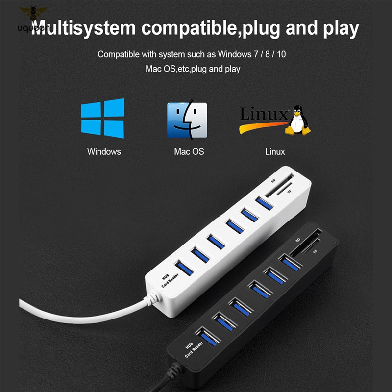 UQ Multi USB Hub USB 2.0 Splitter High Speed 6 Ports Hab TF SD Card Reader All in One for PC
