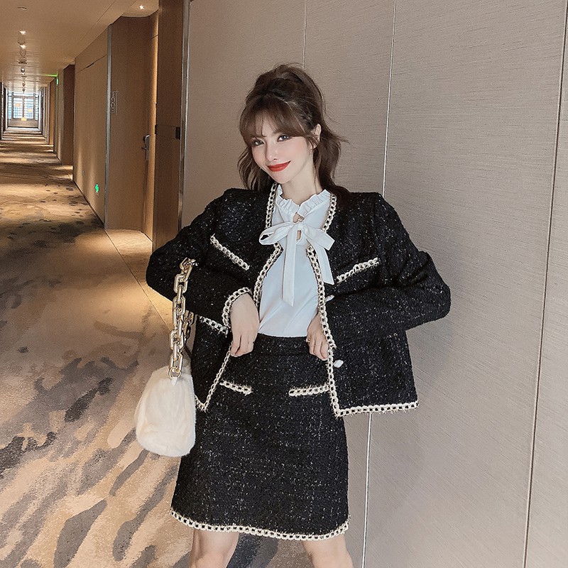 [HÀNG ORDER] set dạ tweed ánh kim gồm chân váy dạ + áo dạ tweed hàng Quảng Châu BAC21