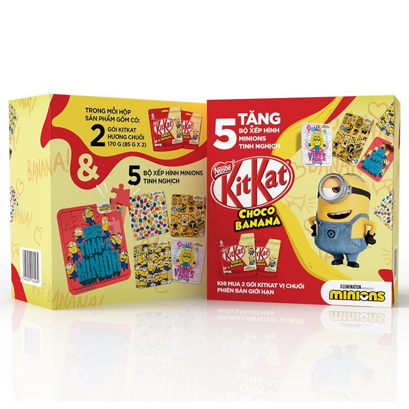 Bộ Kitkat Minion Socola Hương Chuối Hộp 170G - Tặng 5 Bộ Xếp Hình