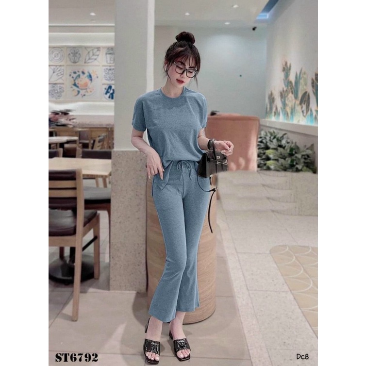 (Mẫu Mới) Mẫu HOT Trend Nhanh Cháy Hàng -- Sét Thun Gân Áo Tay Ngắn +  Quần Dài Ống Loe UP h.h.p