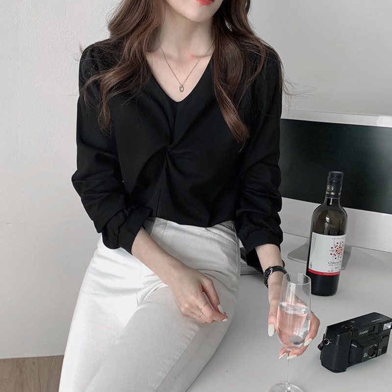 Áo Sơ Mi Dài Tay Cổ Chữ v Phong Cách Hàn Quốc Thời Trang Cho Nữ