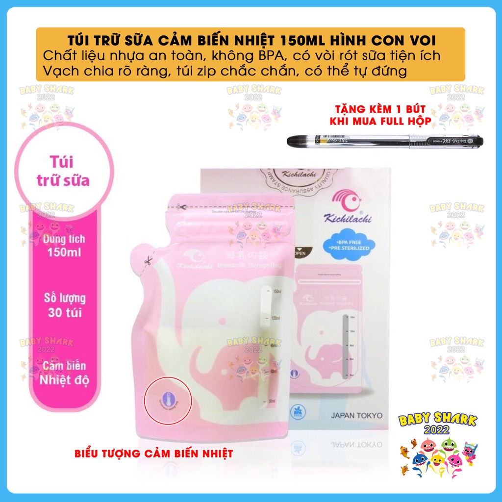 Hộp 30 Túi trữ sữa CẢM BIẾN NHIỆT KICHILACHI 150ml hình voi có vòi rót an toàn, tiện dụng cho bé