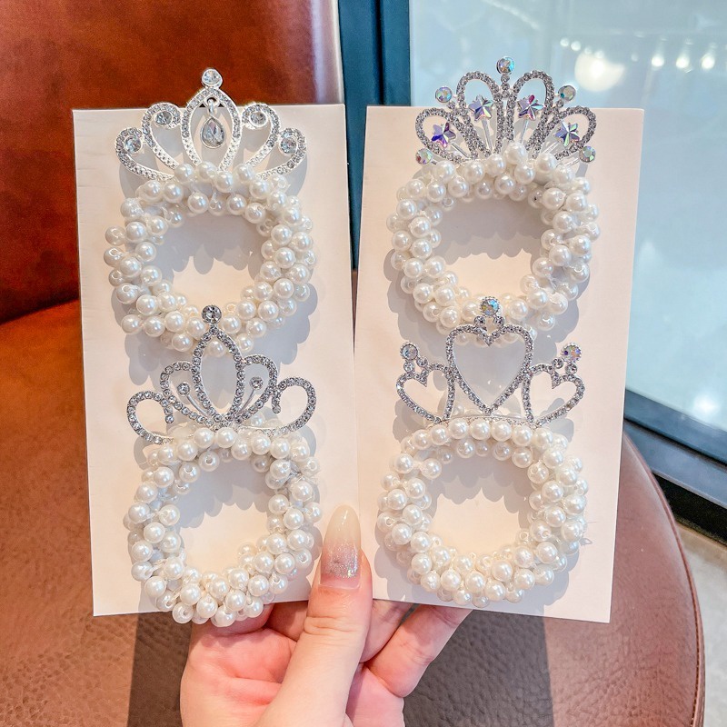 Dây Buộc Tóc Đính Ngọc Trai Nhân Tạo Hình Vương Miện Dễ Thương Cho Bé Gái