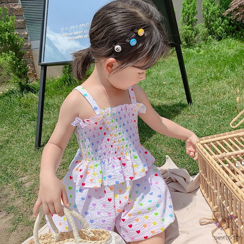 Set Đồ Mùa Hè 2 Món Gồm Áo Thun In Hình Trái Tim + Quần Ngắn Thời Trang Hàn Quốc Cho Bé Gái