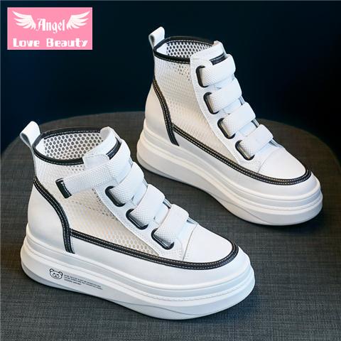 Giày Thể Thao Vải Canvas Phối Lưới Thoáng Khí Đế Dày Tăng Chiều Cao Thời Trang Mùa Thu 2021 Mới