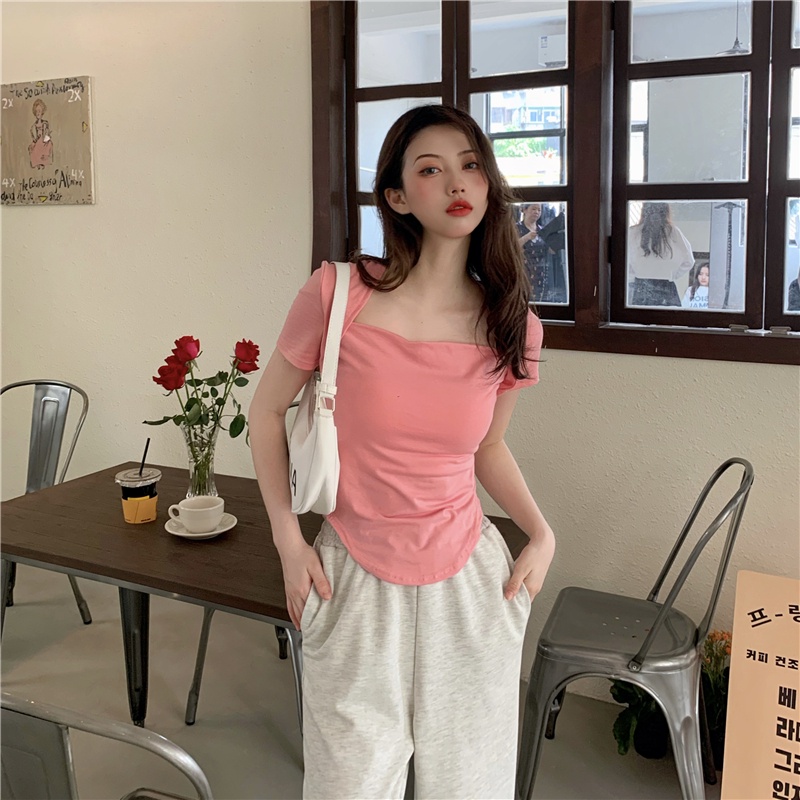 Áo Thun Tay Ngắn Cổ Vuông Ôm Dáng Dễ Phối Đồ Hợp Thời Trang