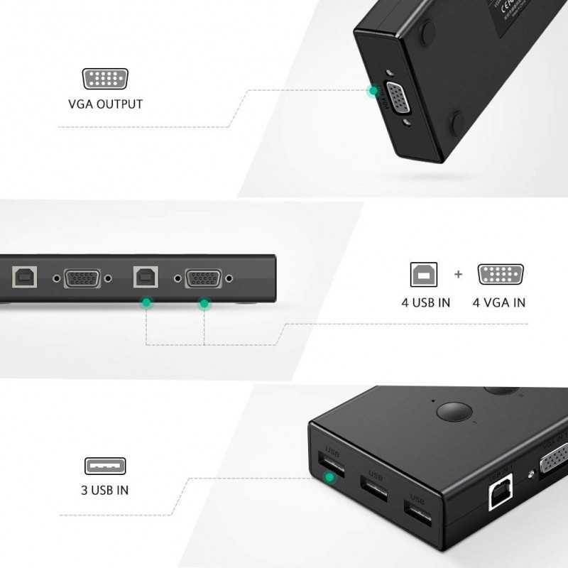 [Mã 254ELSALE giảm 7% đơn 300K] Bộ Kết Nối 4 CPU Dùng Chung 1 Màn Hình VGA và 3 Cổng USB - KVM Switch Ugreen 50280