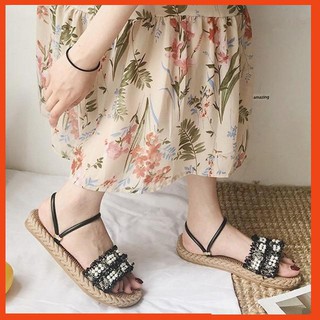 Sandal đính ngọc đế cói mềm Vintage mang được 2 kiểu - Giá Siêu Rẻ