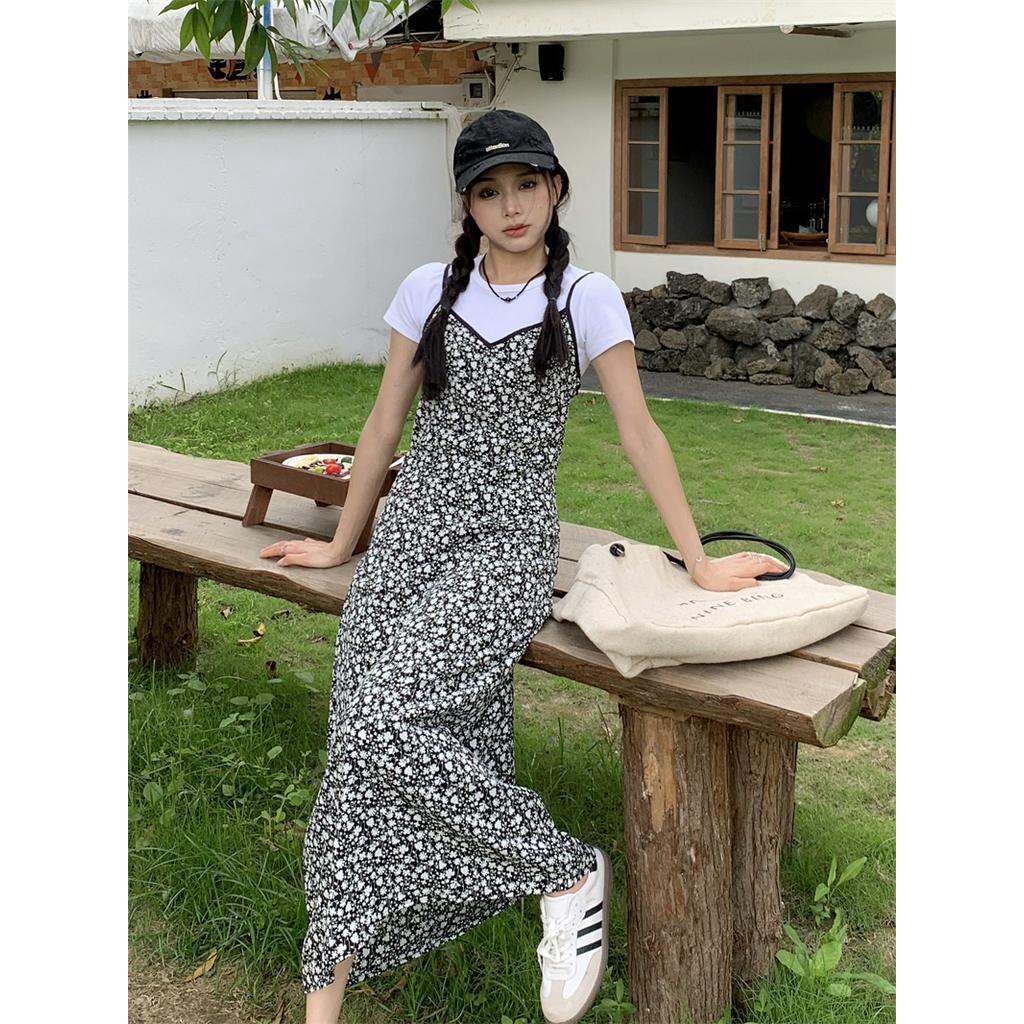 Jumpsuit Hai Dây / Áo Thun Trơn Màu Họa Tiết Hoa Phong Cách Mới 65412