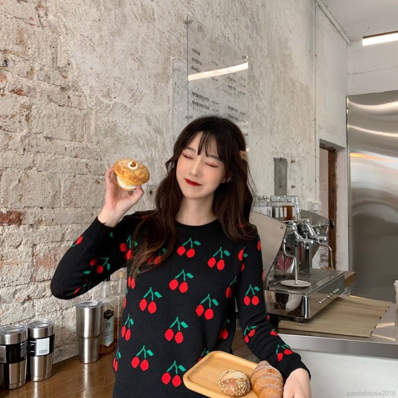 Women Autumn Knit Wool Clothing Cartoon Cherry Print Slim Long Sleeved Round Collar Slim Bottom Knit Sweater | BigBuy360 - bigbuy360.vn