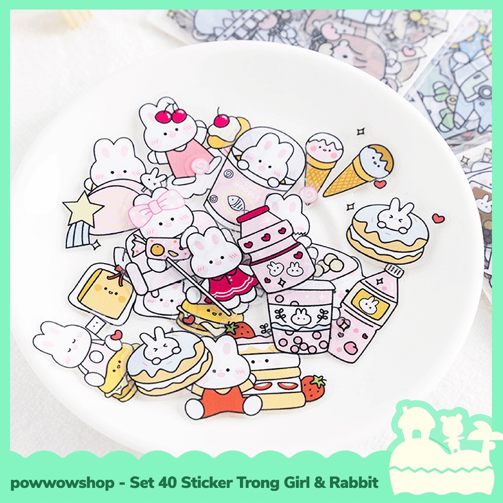 [Sẵn VN - Hỏa Tốc ] Bộ 40 Sticker Decal Trong Dán Trang Trí Vật Dụng RosyPosy Đáng Yêu Girld &amp; Rabbit