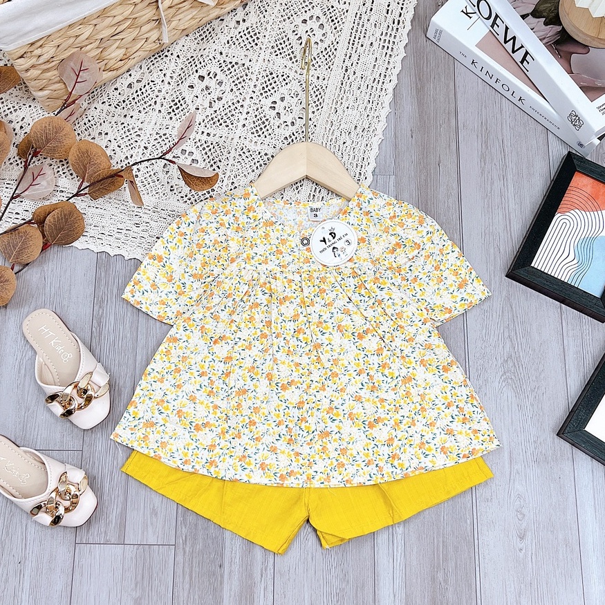 Bộ Quần Áo Hoa Nhí Cho Bé Gái Chất Liệu Vải Thô Cao Cấp