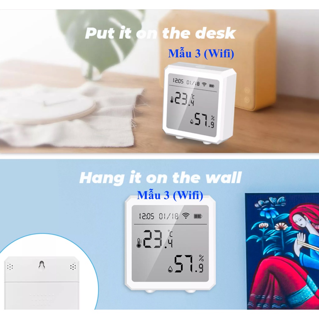 Cảm biến Nhiệt độ &amp; Độ ẩm, có màn hình hiển thị, kết nối Wifi, Hệ Tuya, App Smart Life/ Tuya