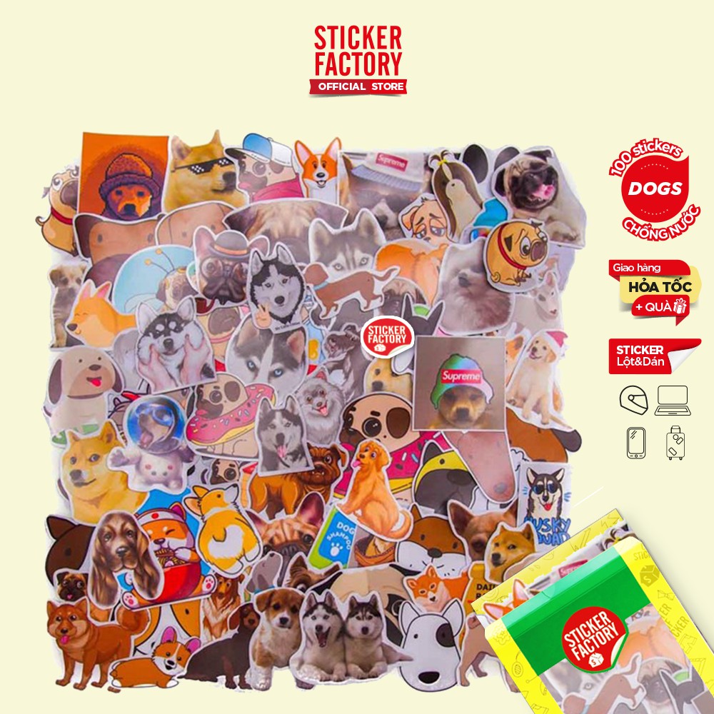 CHÓ DOGS - hộp set 100 sticker decal hình dán dễ thương, trang trí nón bảo hiểm , laptop, xe máy, ô tô - STICKER FACTORY