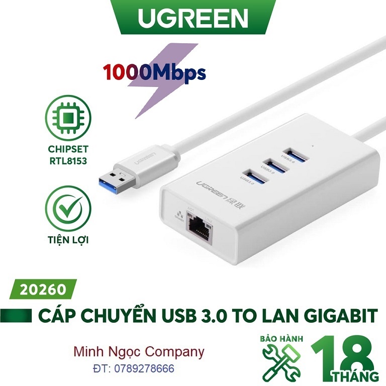 HUB Bộ chia 3 cổng USB 3.0 kèm cổng mạng Lan Gigabit Rj45 10/100/1000Mbps chính hãng Ugreen 20260 cao cấp