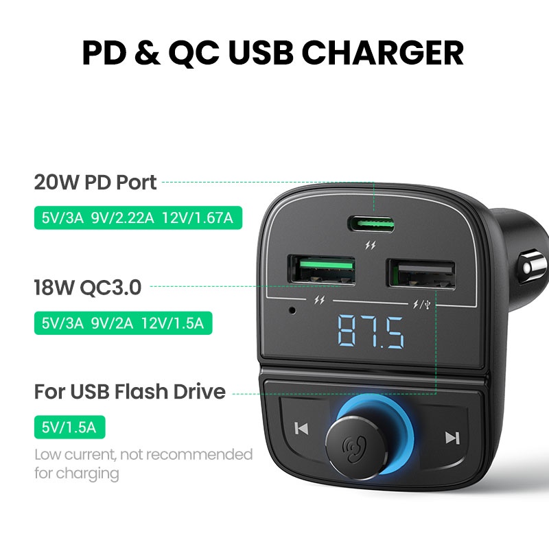 Ugreen Tẩu Sạc Điện Thoại Kiêm Máy Nghe Nhạc MP3 Bluetooth Hai Cổng USB Cho Xe Hơi
