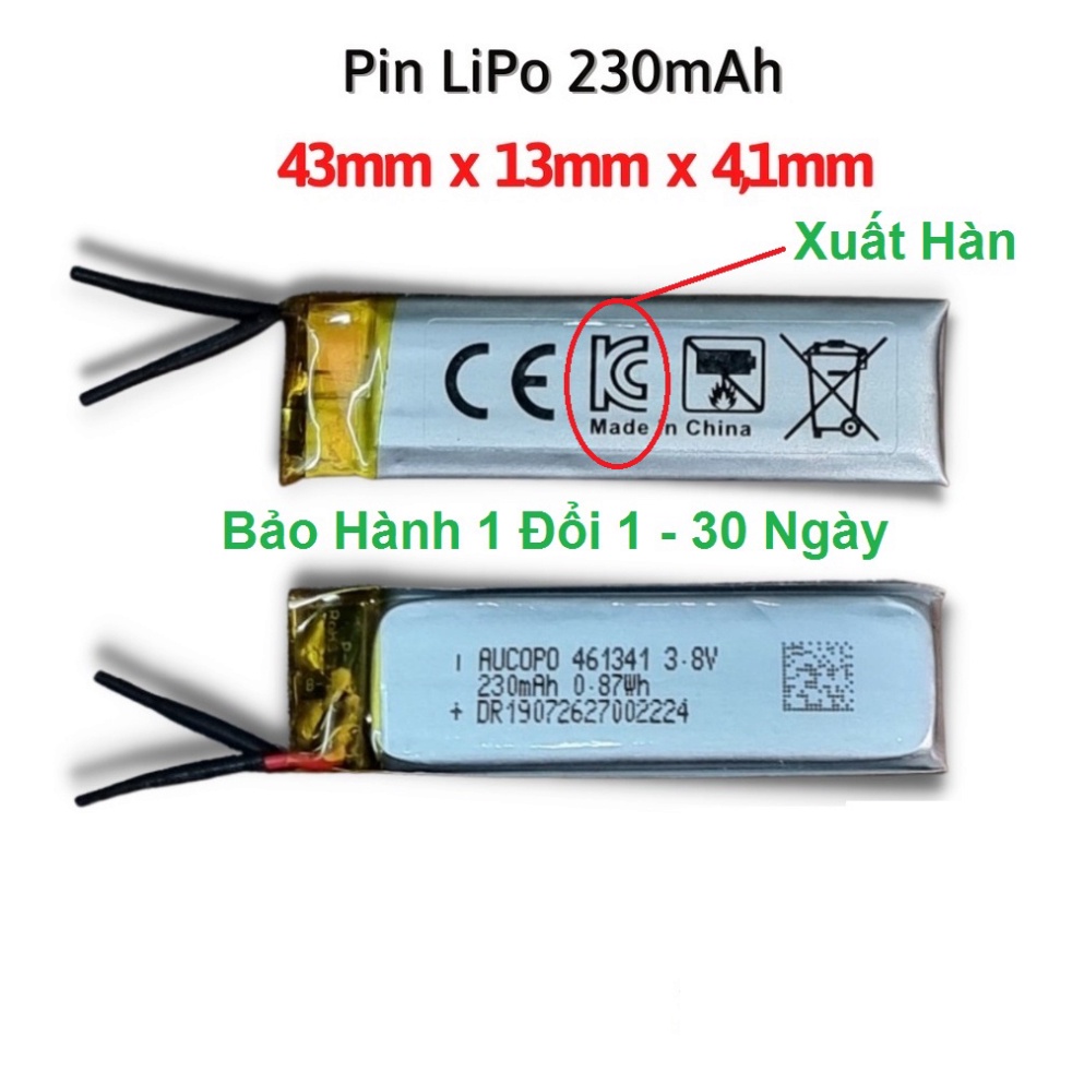Pin LiPo 3.8v 230mAh 43x13x4.1MM Hãng AUCOPO Xuất Hàn chế pin headphone led - Shop Huyền Trang