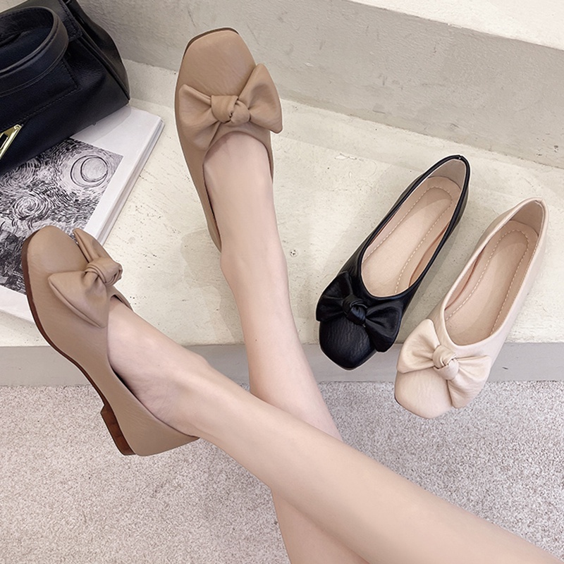 Giày búp bê da mềm mũi vuông đính nơ xinh xắn dễ thương cho nữ