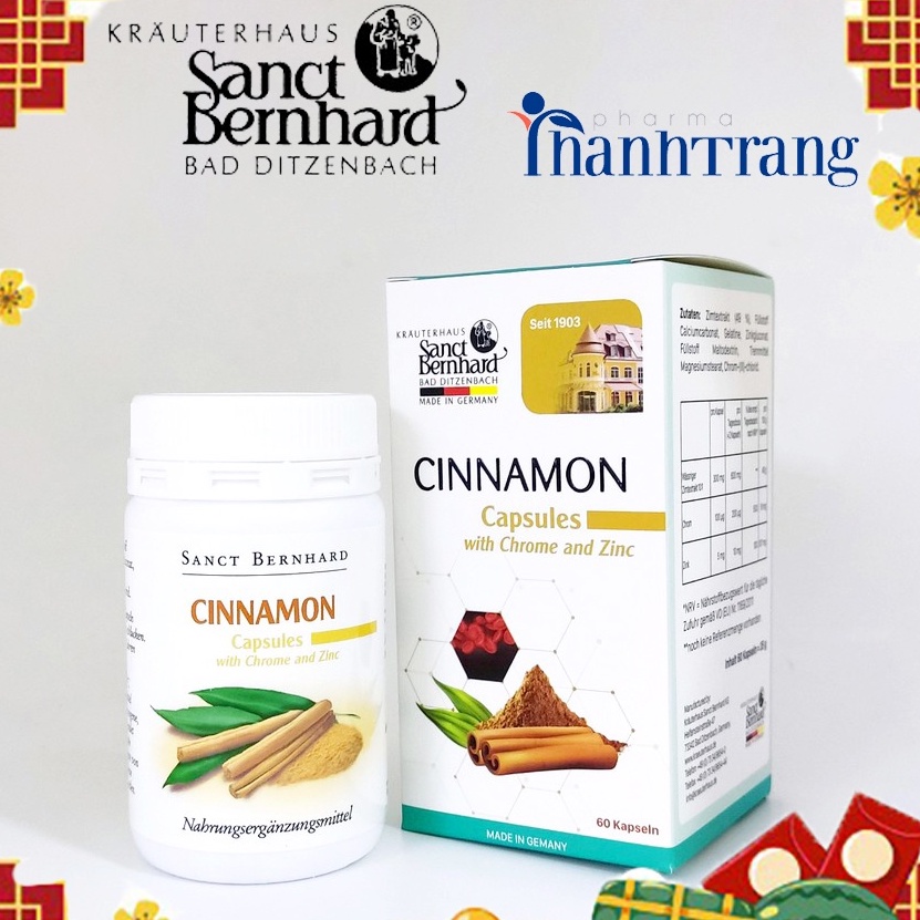 Viên uống Cinnamon Capsules hỗ trợ điều trị tiểu đường, chuyển hóa Glucose - Chính hãng Sanct Bernhard - Đức 60 viên