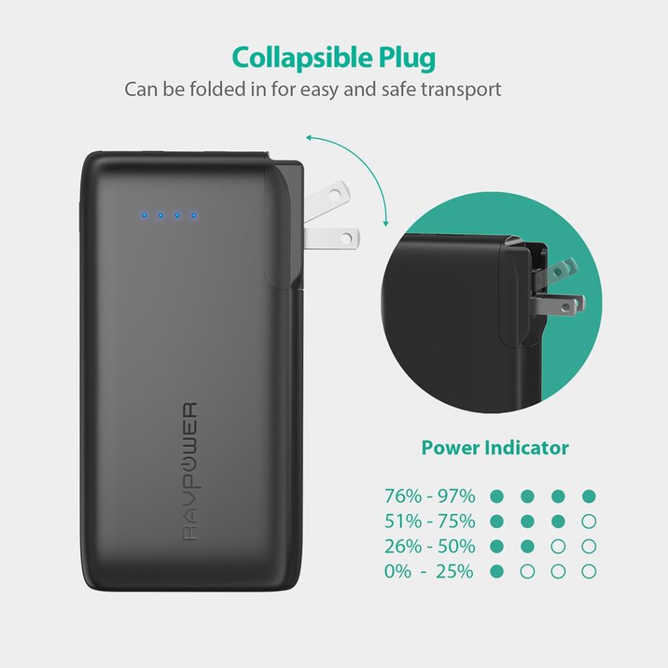 Pin Sạc Dự Phòng RAVPower 10000mAh 17W Cổng Sạc AC Dạng Gập Dòng Ra 3.4A RP-PB066 - Thương hiệu USA - Hàng Chính hãng