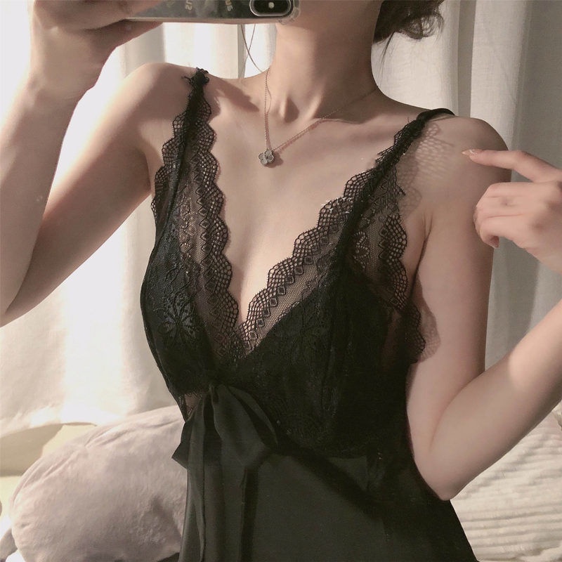 Đầm ngủ hai dây cổ chữ V hở lưng phối ren thời trang xuân hè quyến rũ dành cho nữ
