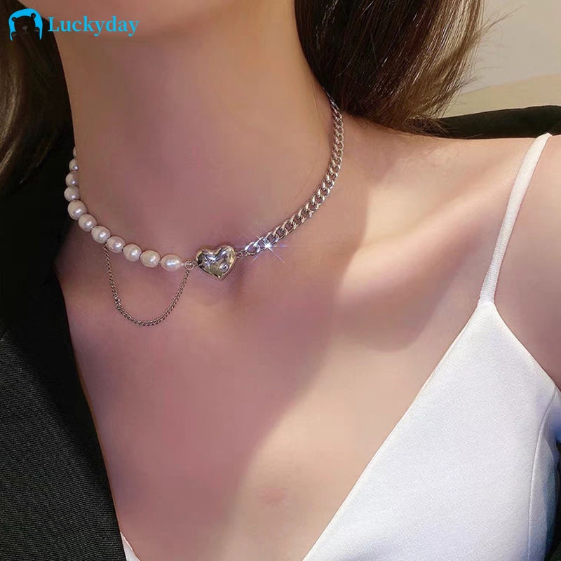 Vòng cổ bạc mặt trái tim xỏ ngọc trai nhân tạo thời trang cho nữ