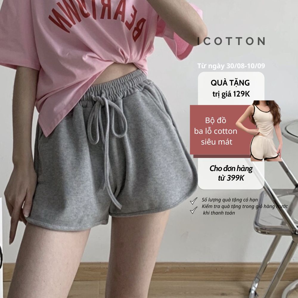 Quần đùi nữ cạp cao ống rộng ♥️iCoton♥️ quần đùi thun nữ thể thao mặc nhà chất cotton da cá mát mẻ , cao cấp có viền
