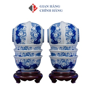 Bát cúng hoạ tiết Sen men Lam Trắng Trơn, đồ thờ PHÙNG GIA - Gốm sứ Bát Tràng cao cấp