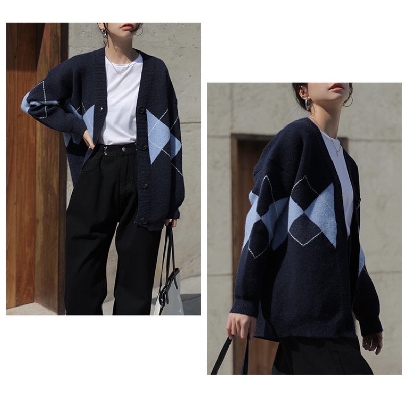 Áo khoác len cardigan, Cadigan nữ dầy, cảdigan họa tiết quả trám to hai màu be xanh than - shopbelinh