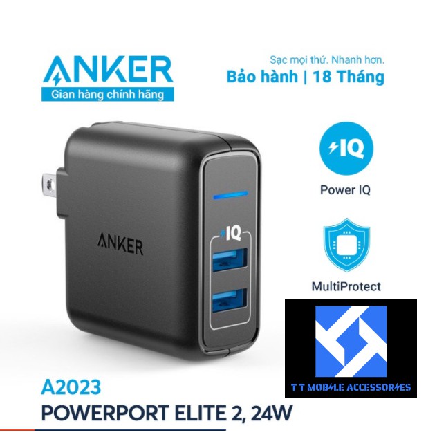 Cốc Sạc ANKER PowerPort Elite 2 cổng USB-A, 24W, A2023, màu Đen, hàng Anker VIETNAM, mới 100%, B/Hành 18 tháng 1 đổi 1