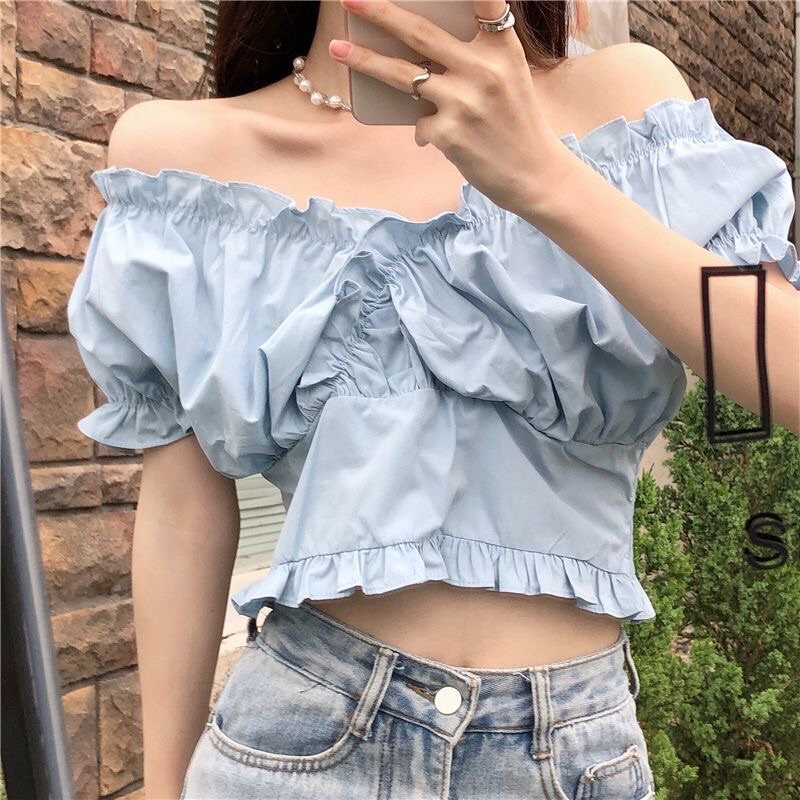 Áo Croptop nữ trễ vai tay ngắn bồng dáng ôm phong cách Hàn Quốc mã QD118