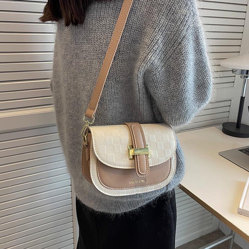 IELGY Túi Đeo Chéo Màu Sắc Tương Phản Họa Tiết Sọc Caro Cho Nữ