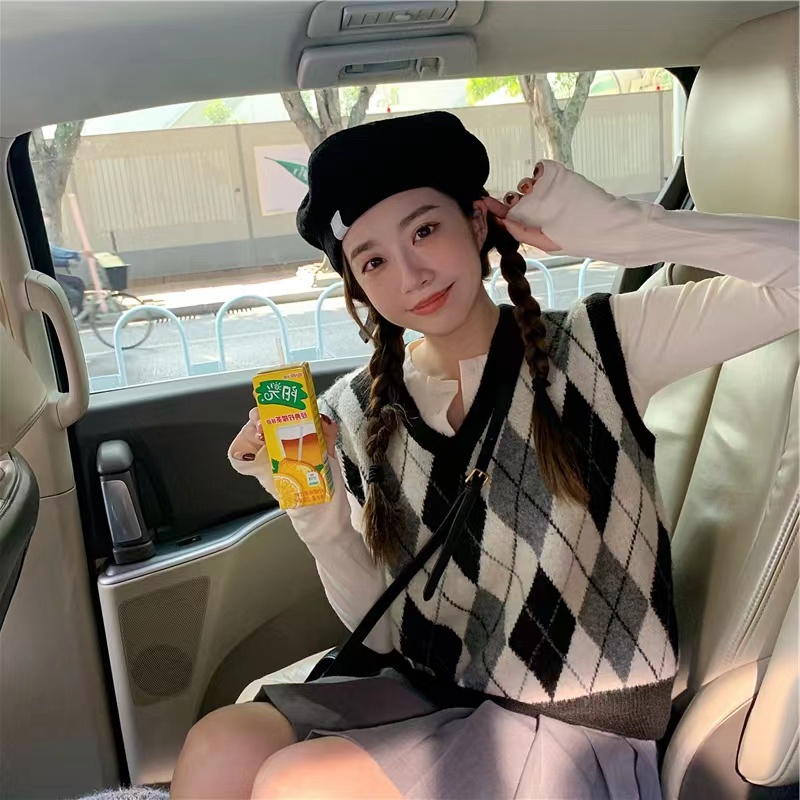 【ZHELIHANGFEI】Áo Len Không Tay Form Rộng Họa Tiết Kim Cương Theo Phong Cách Preppy Dễ Phối Đồ