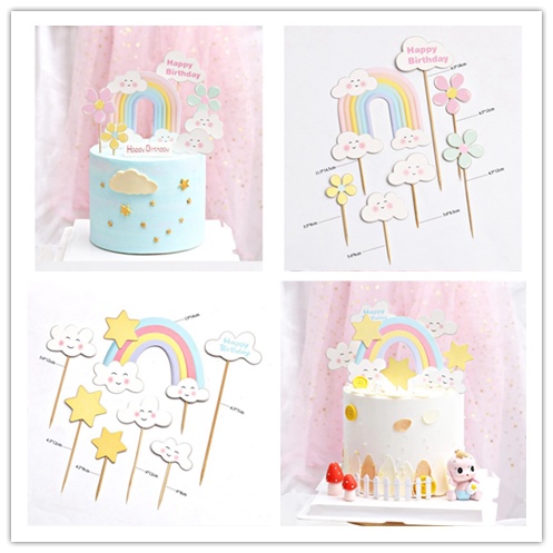 1 Set Phụ Kiện Thẻ Trang Trí Bánh Kem Sinh Nhật Hình Hoa/Mặt Cười/Đám Mây/Cầu Vồng Dễ Thương