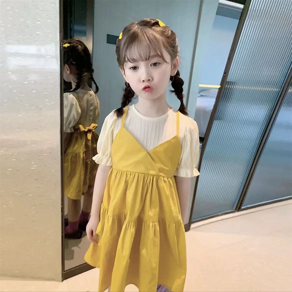 Đầm Công Chúa Giả Hai Lớp Tay Ngắn Phong Cách Hàn Quốc Xinh Xắn Cho Bé Gái 1-7 Tuổi