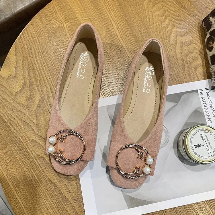 Giày bệt mũi vuông đính ngọc trai trang mới cho nữ