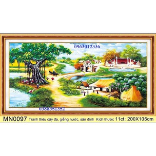 tranh thêu chữ thập cây đa giếng nước sân đình kt 2m