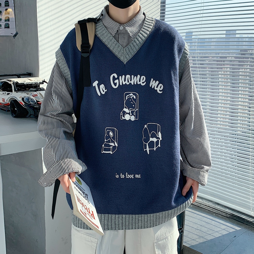 Áo sweater dệt kim không tay cổ chữ v dáng rộng phối màu tương phản cá tính thời trang cho nam